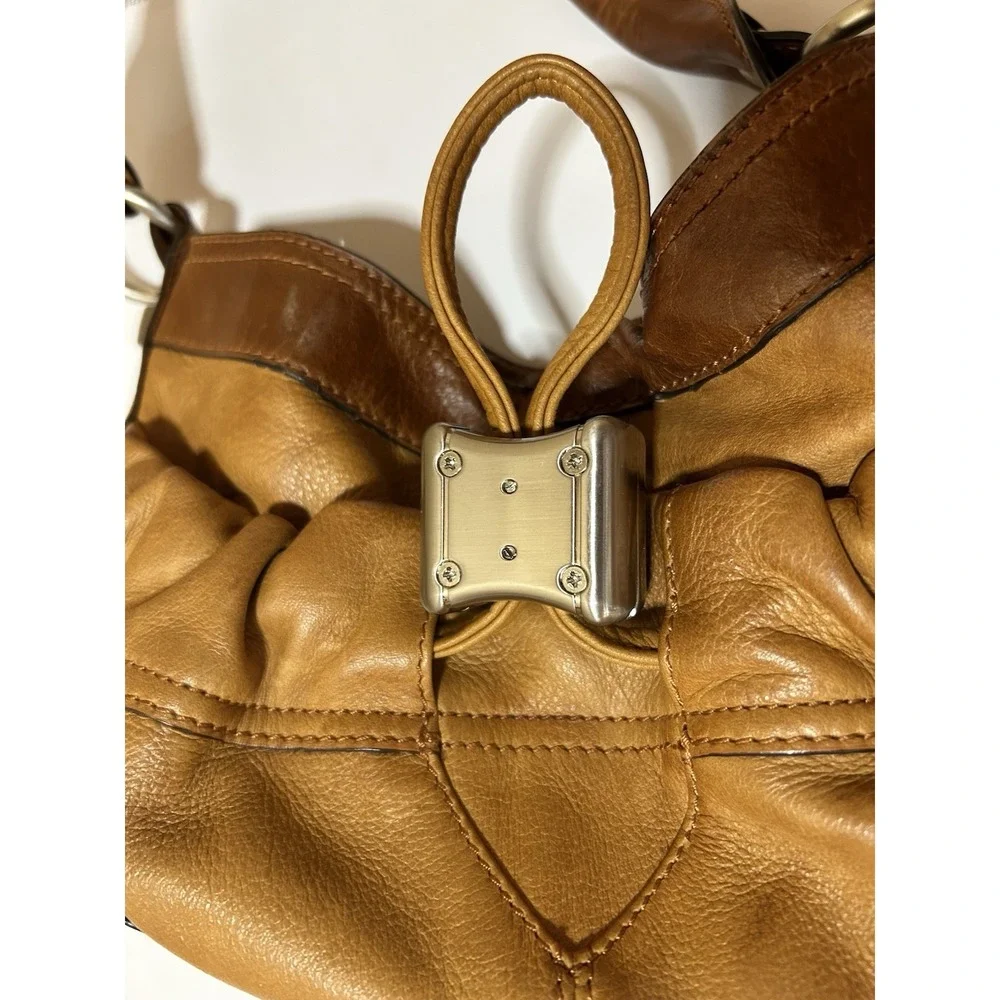 B. Makowsky Brown/Tan Leather Hobo Drawstring Shoulder Bag EUC